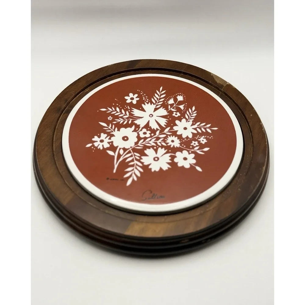 Round Wood Serving Tray w/ Floral Insert & Glass Dome Lid (Cloche) 12 in